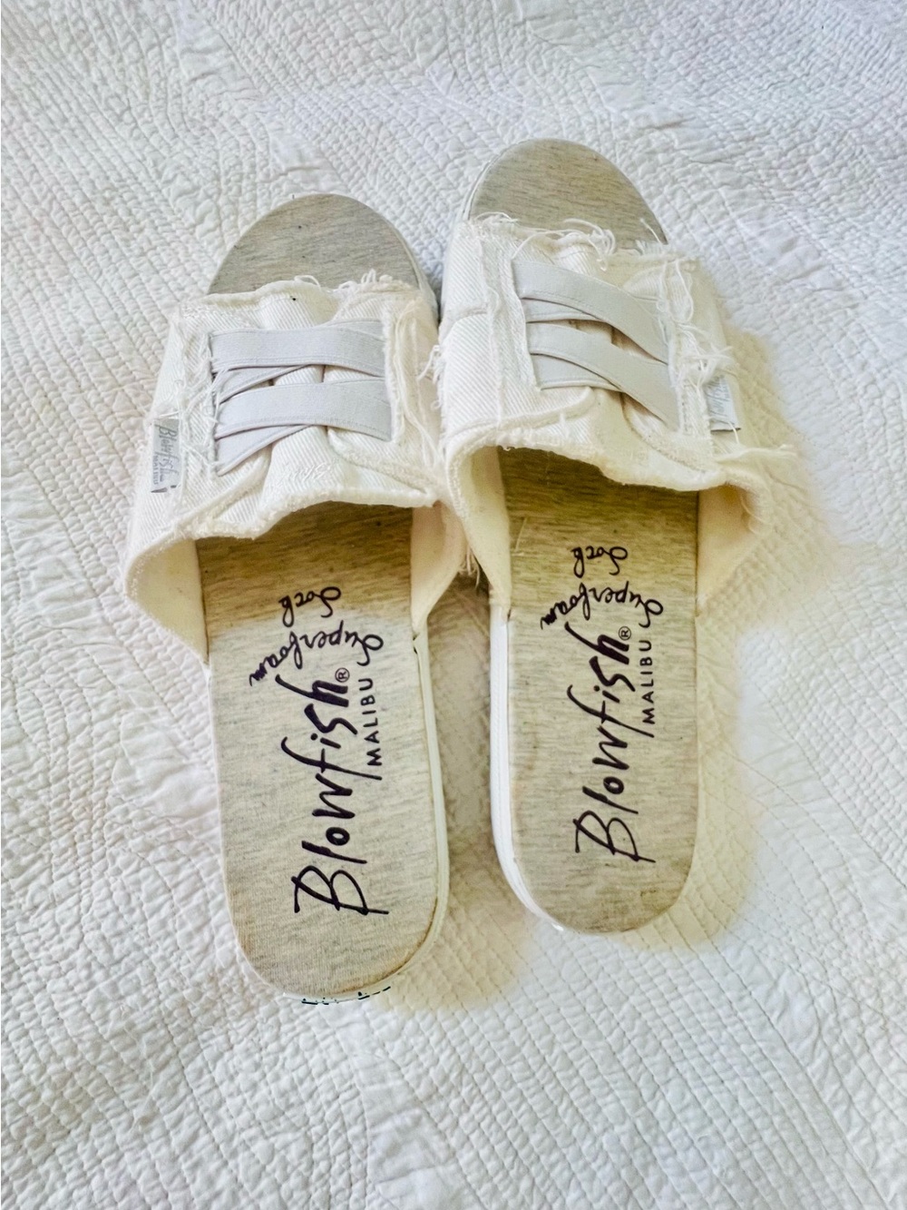 Blowfish Frayed White Canvas Slide Sandals